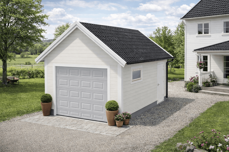 Enkelgarasje 3,6 x 6,0 meter med 36 graders saltak, ferdige elementer