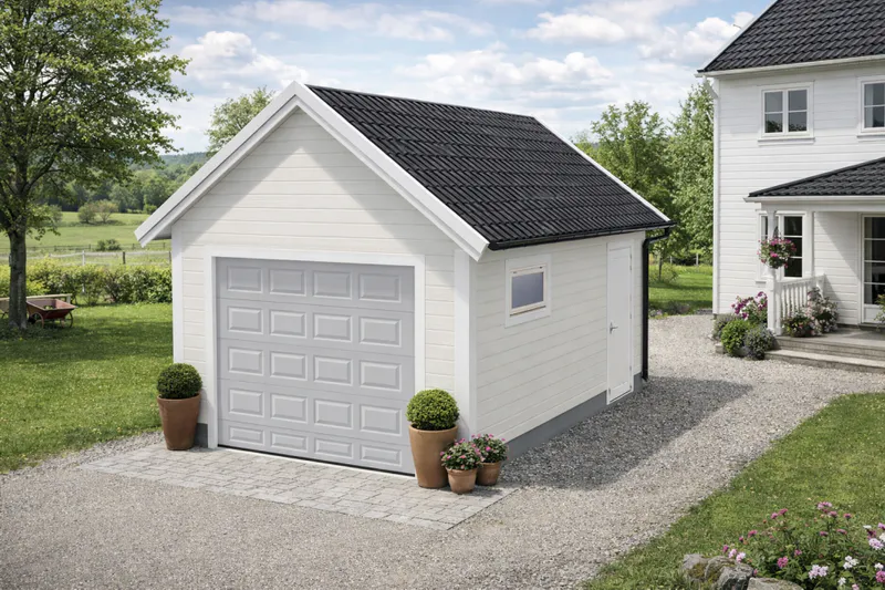 Enkelgarasje 3,6 x 6,0 meter med 36 graders saltak, ferdige elementer