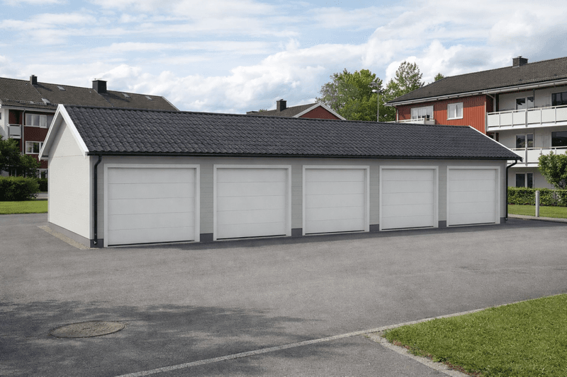 Fleksibel rekkegarasje – 3 meter plasser med saltak og innvendige skillevegger