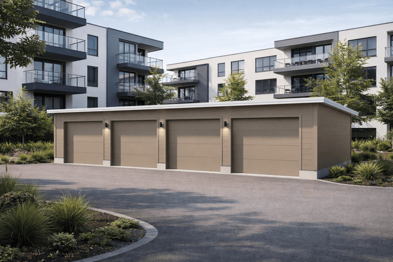 Fleksibel rekkegarasje – 3 meter plasser med pulttak og innvendige skillevegger