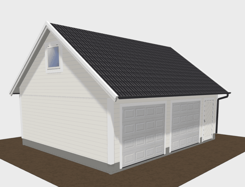 Dobbelgarasje 6,2 × 7,8 m – 36° saltak med loft og innkjøring på langside, ferdige elementer