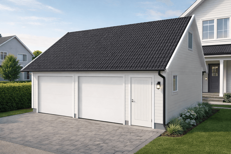 Dobbelgarasje 6,2 × 7,8 m – 36° saltak med loft og innkjøring på langside, ferdige elementer