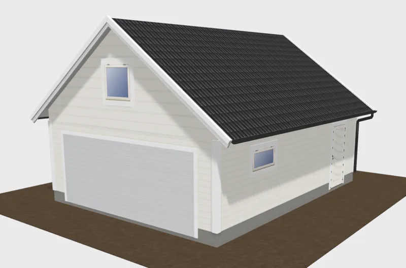 Dobbelgarasje 6,2 × 7,8 m – 36° saltak med loft og innkjøring på langside, ferdige elementer