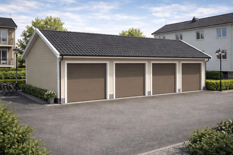 Fleksibel rekkegarasje – 3 meter plasser med saltak og innvendige skillevegger