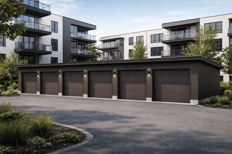 Fleksibel rekkegarasje – 3 meter plasser med pulttak og innvendige skillevegger